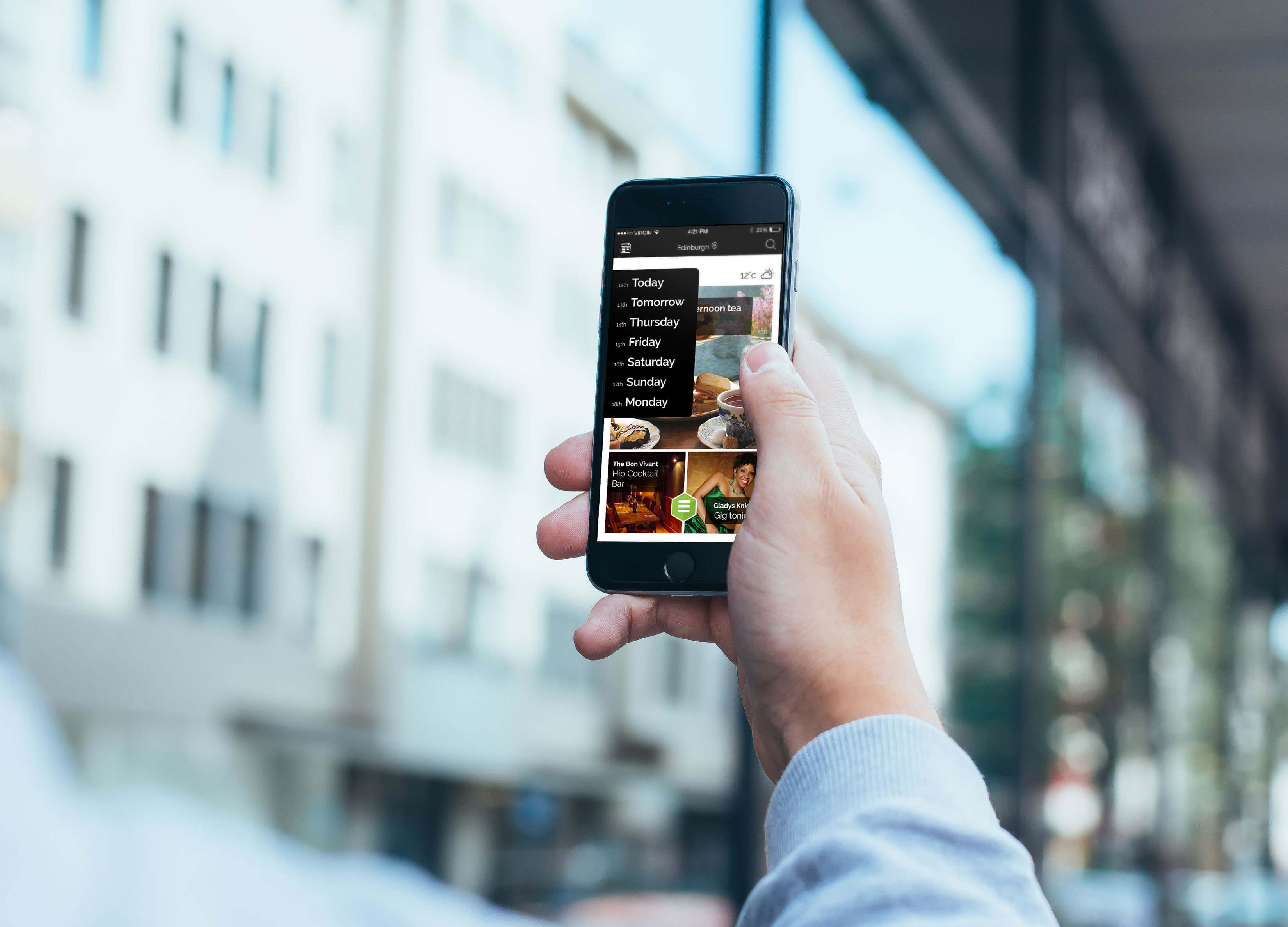 Mockup showing the app in hand